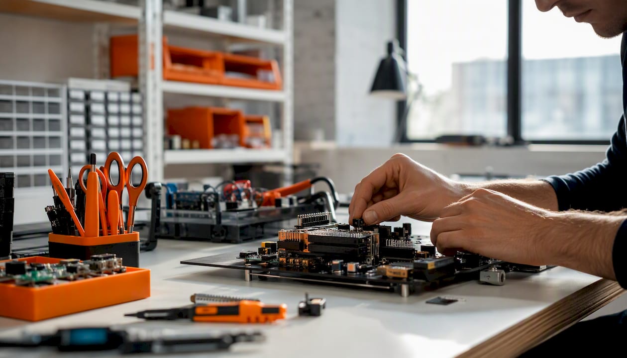 Hands adjusting electronic circuit components