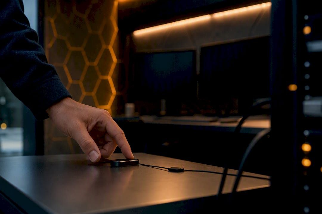 Hand placing security token in dim tech room