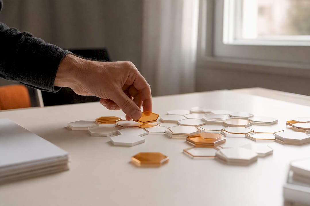 Mano organizando módulos hexagonales de flujo de trabajo