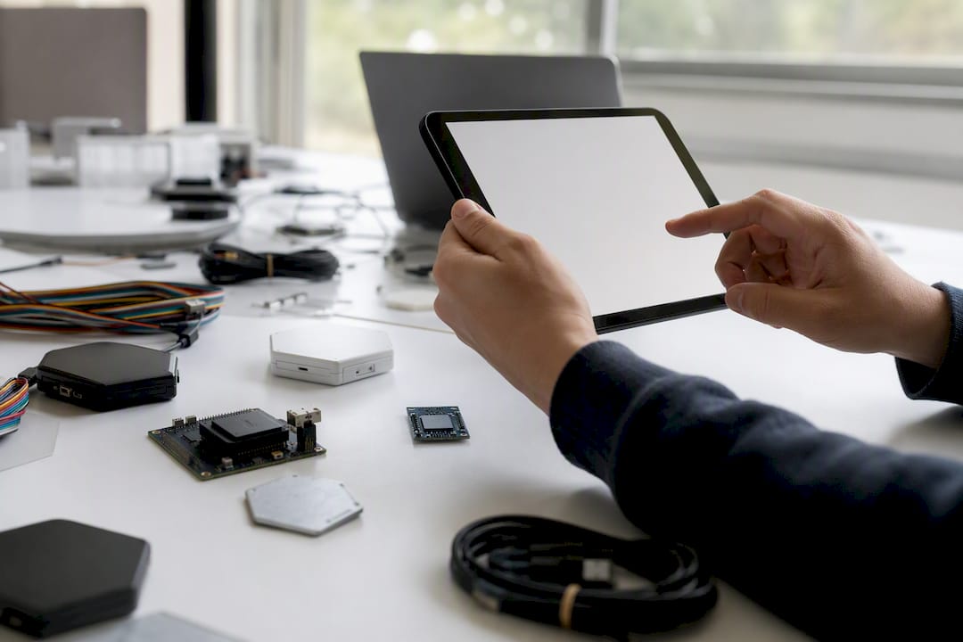Mano verificando datos con tablet y cuaderno en blanco