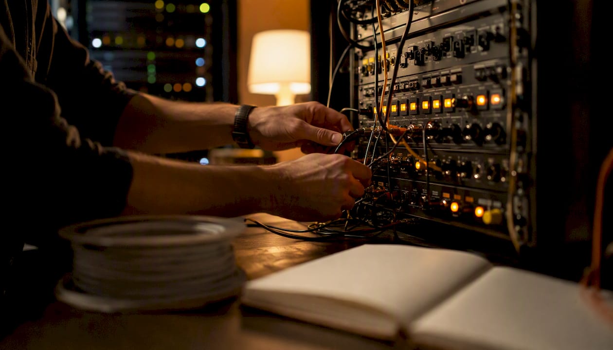 Hands wiring control panel in operations room