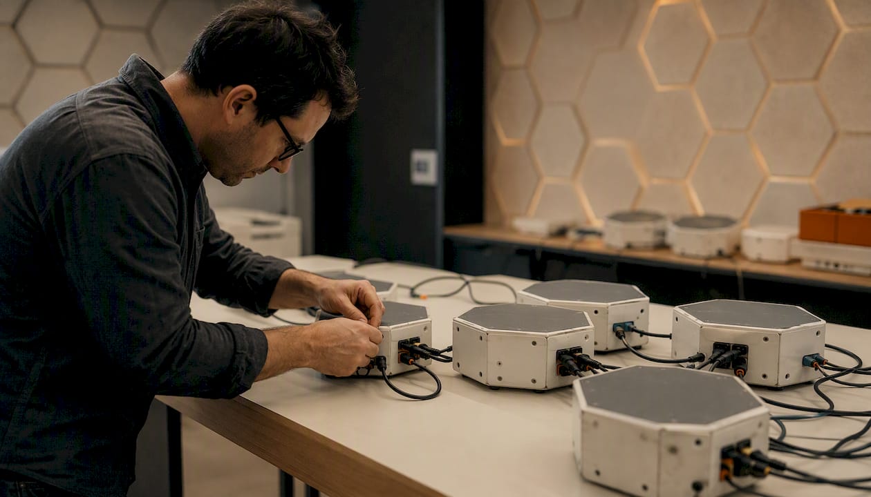 Hands connecting modular hardware containers
