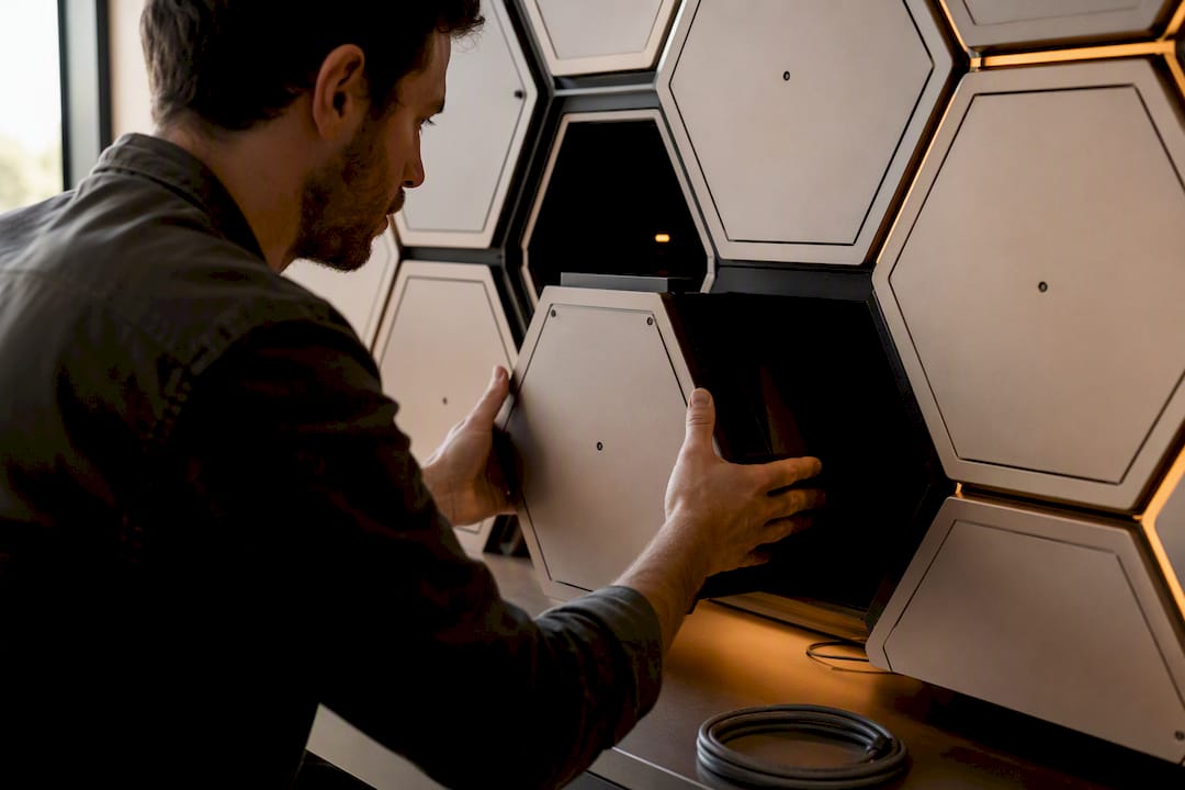 Hands adjusting AI container module on honeycomb grid