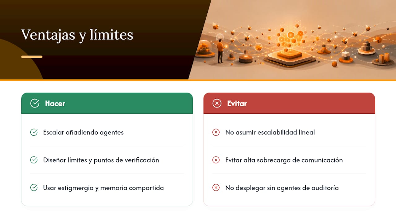 Ventajas y límites reales de un enjambre de agentes — overview diagram