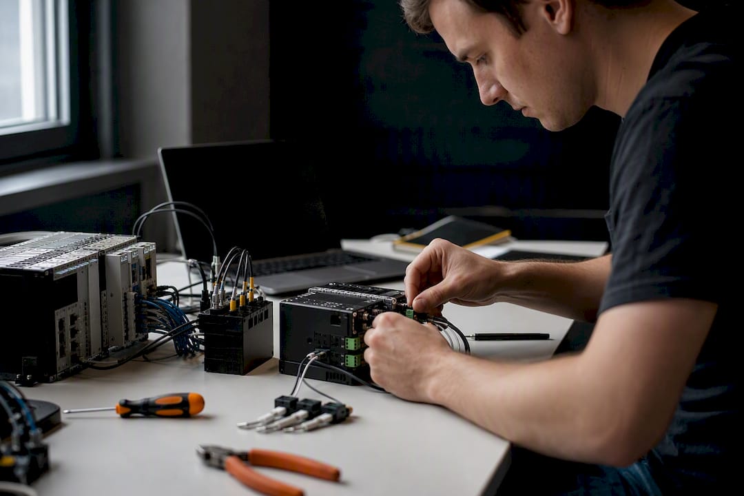 Mano ajustando un dispositivo de registro en una mesa técnica