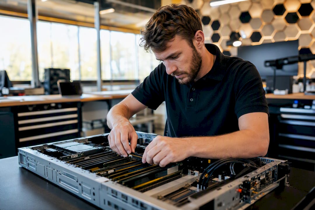 Hands adjusting AI system memory modules