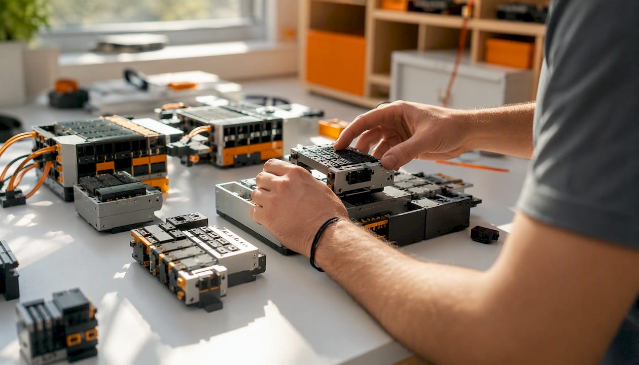 Hands assembling AI workflow components