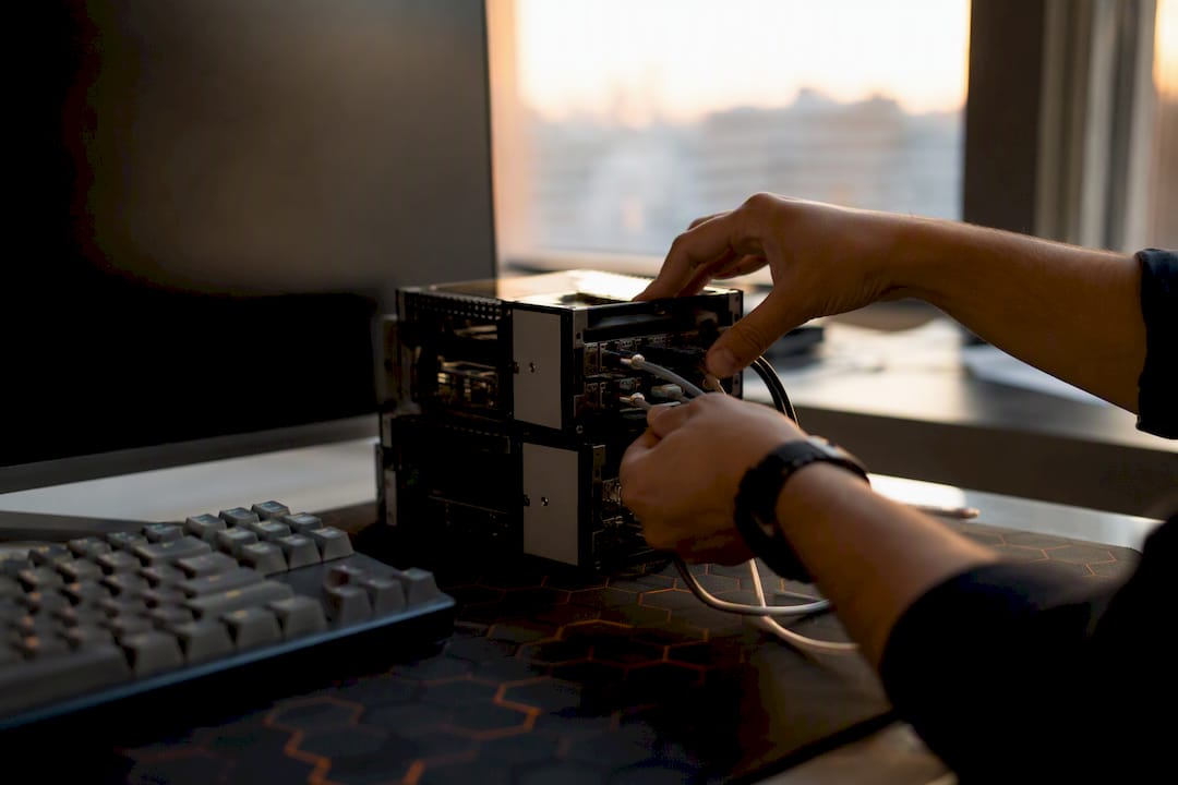 Hands assembling AI container environment