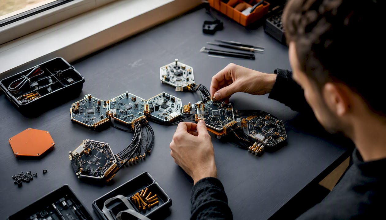 Hands assembling AI agent hardware components
