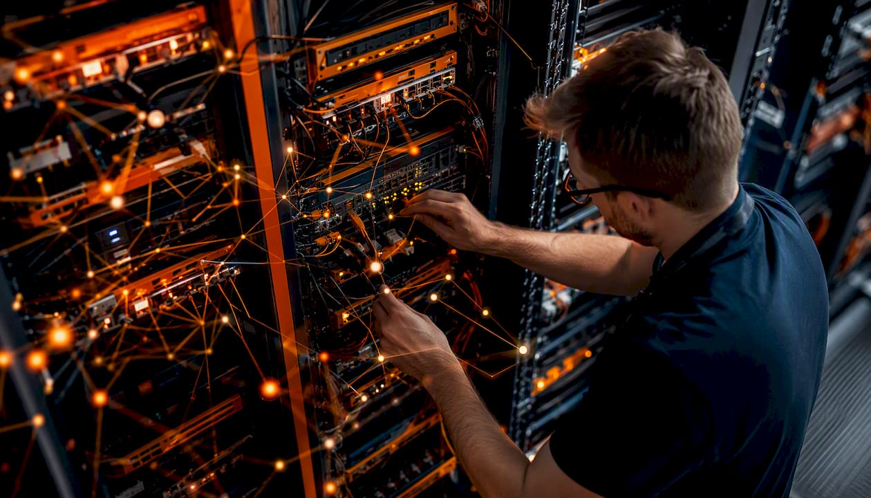 Server with glowing network nodes