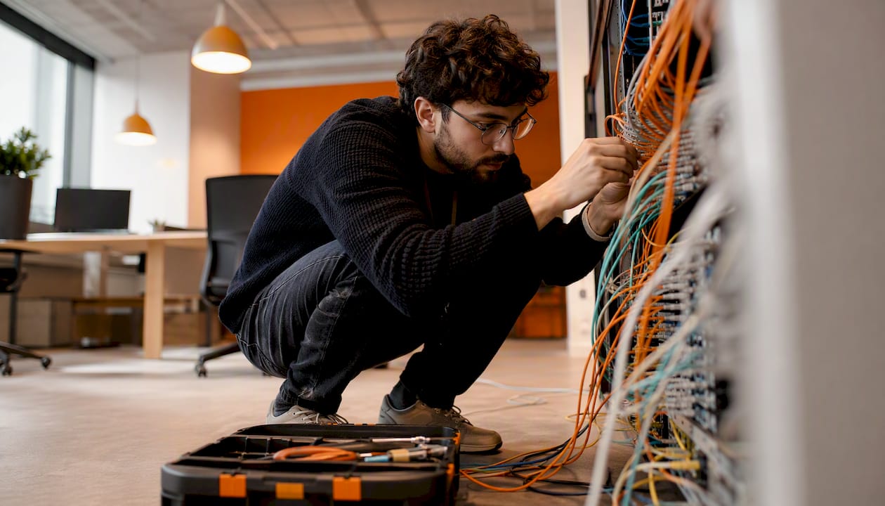 Hands wiring data center cables