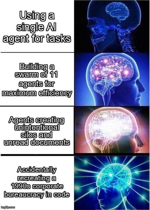 Expanding brain meme about multi-agent coordination anti-patterns