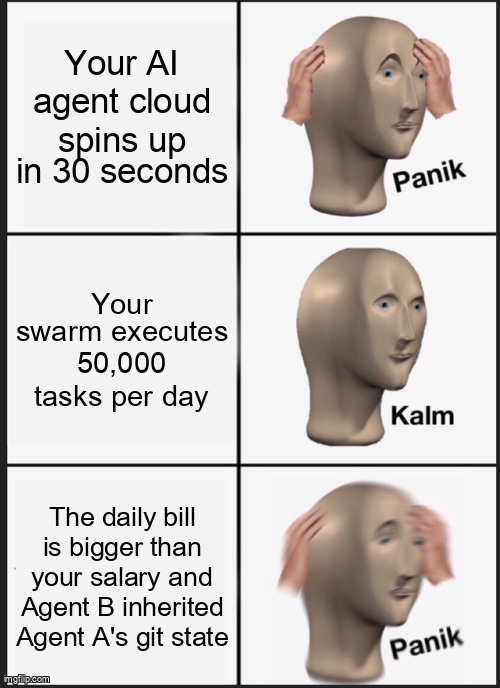 Panik Kalm Panik meme about slow cloud startup, high swarm volume, cost, and leaked git state