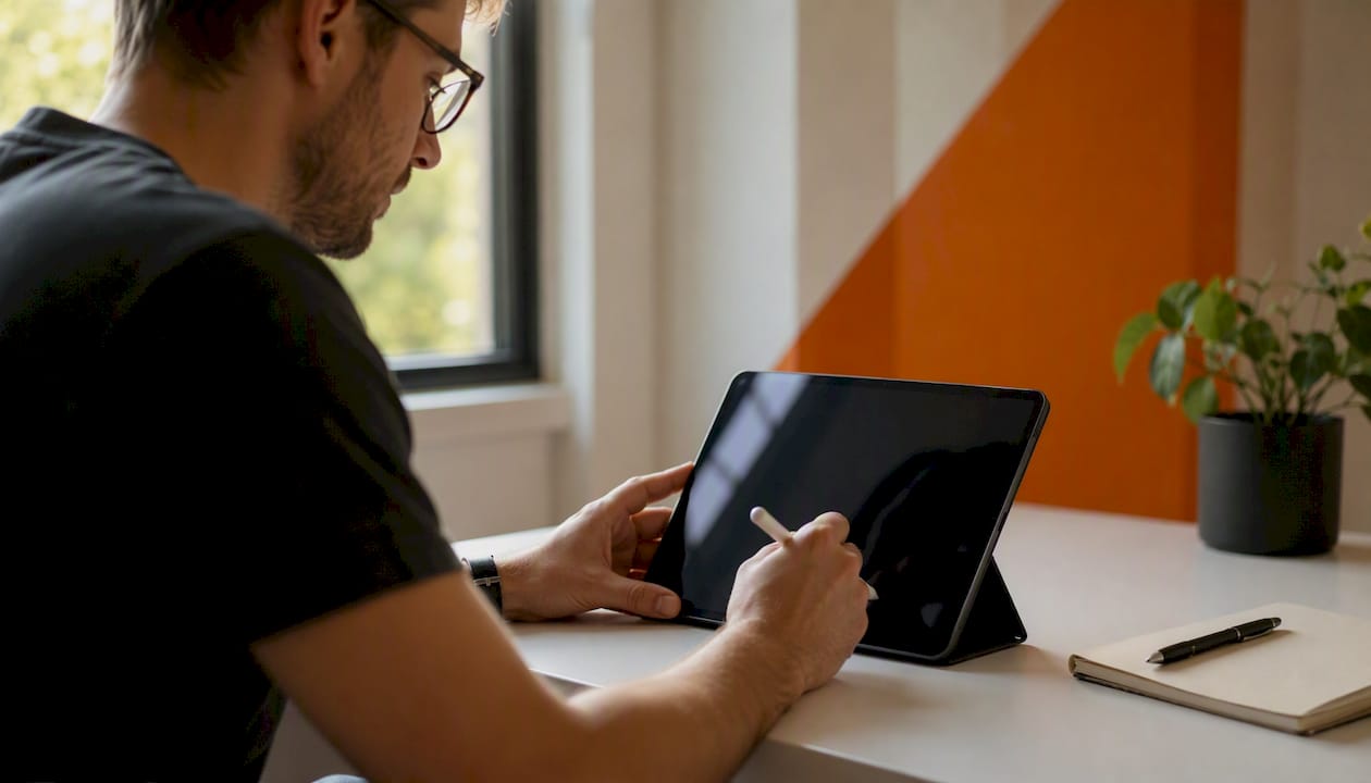 Hands holding tablet reviewing AI output