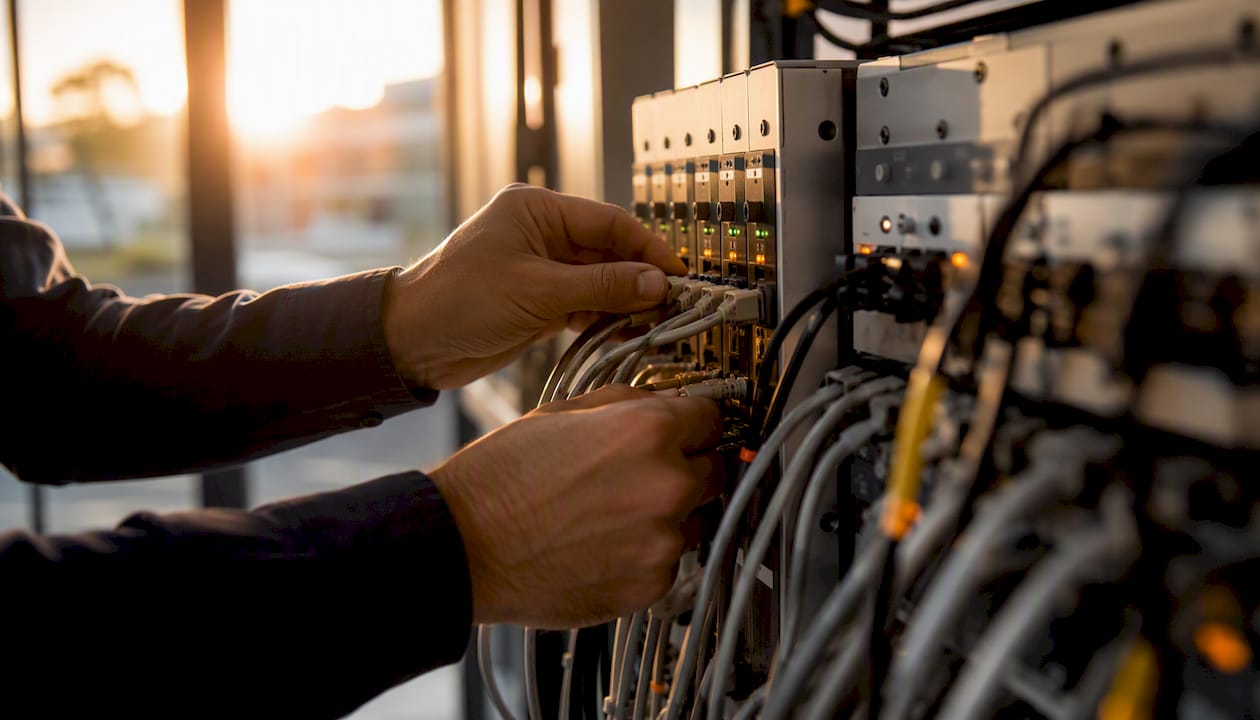 Hands wiring automation control panel cables