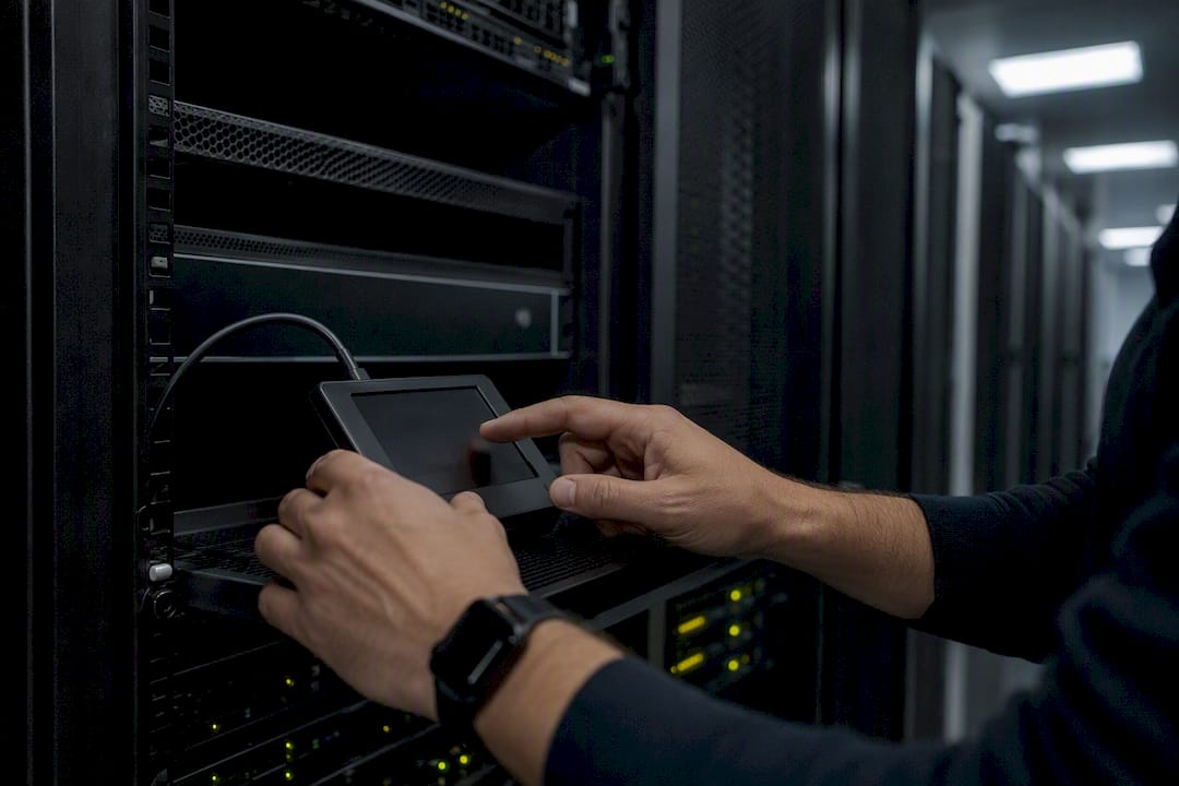 Personal gestionando la consola de un servidor con contenedores