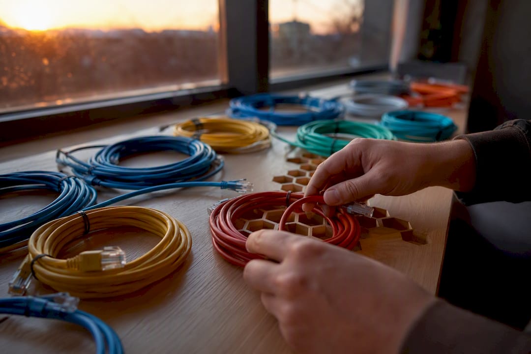 Unas manos enrollan cables de red sobre el escritorio.