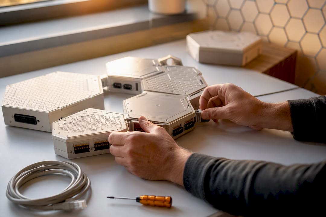 Hands connecting modular AI automation modules