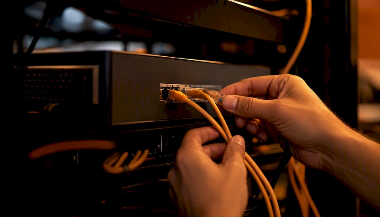 Hands connecting network cable in server room