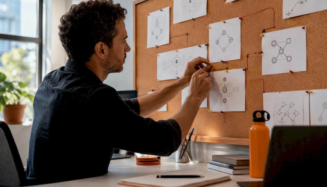Developer sketching AI workflow on glass
