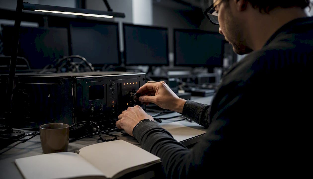 Hands adjusting control panel dials in tech workspace